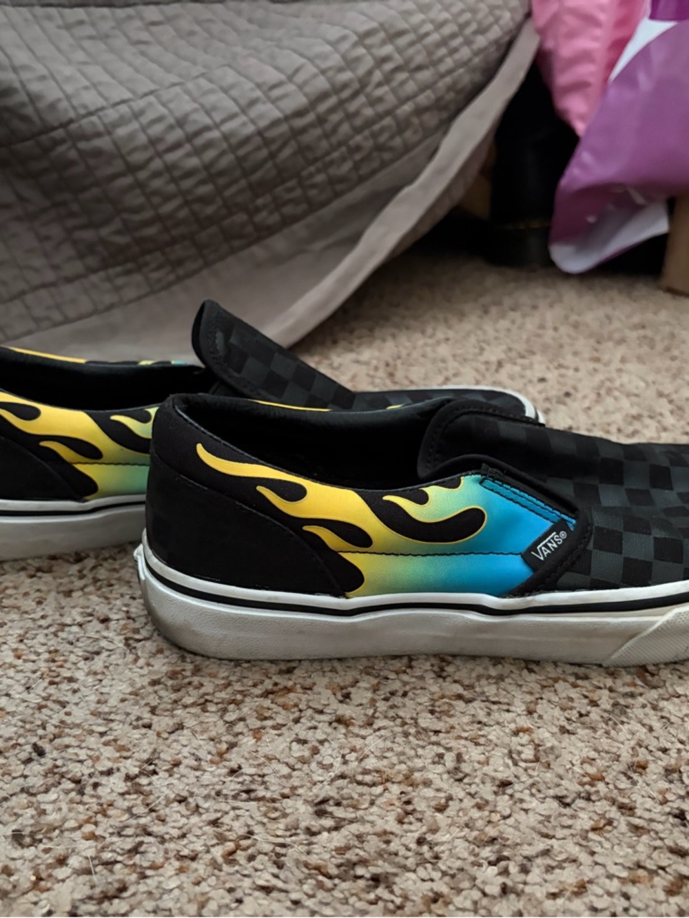 Vans Juniors Slip-On Checkerboard with Yellow and Blue Flame